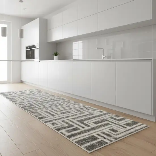 8' Ivory And Gray Geometric Runner Rug Photo 1