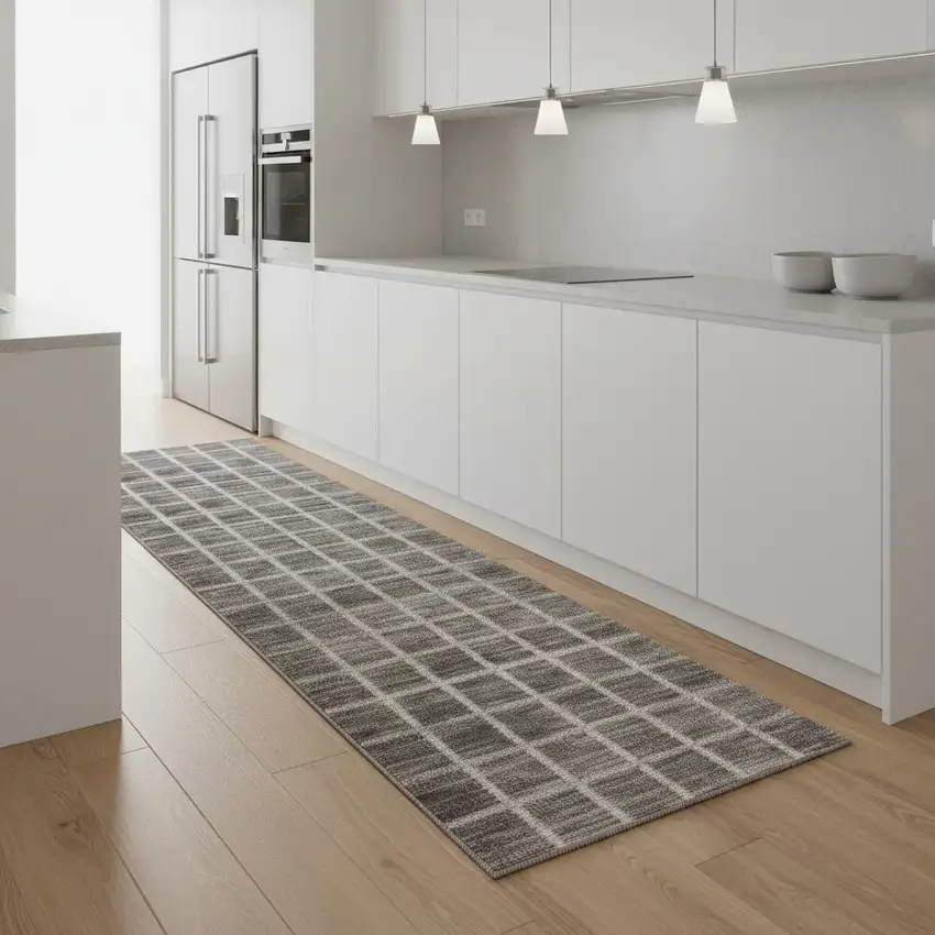 8' Ivory And Gray Geometric Runner Rug Photo 1