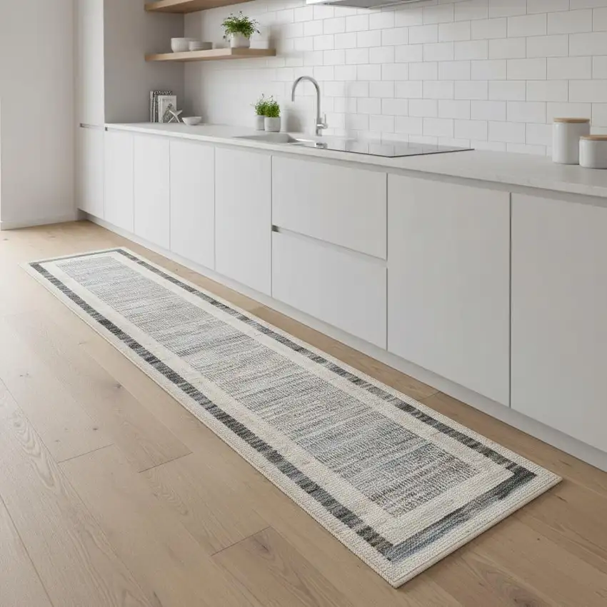 8' Ivory And Gray Geometric Runner Rug Photo 1