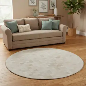 Photo of 8' Ivory And Gray Geometric Washable Round Rug With UV Protection