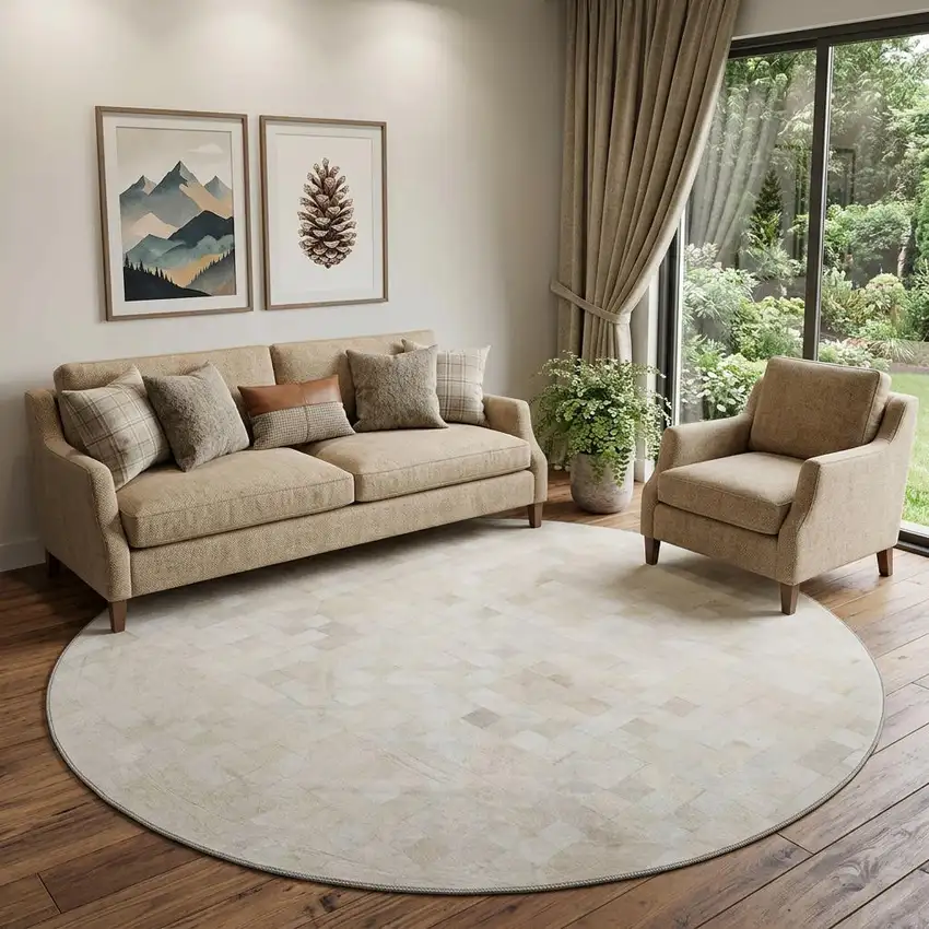8' Ivory And Gray Patchwork Washable Round Rug With UV Protection Photo 1