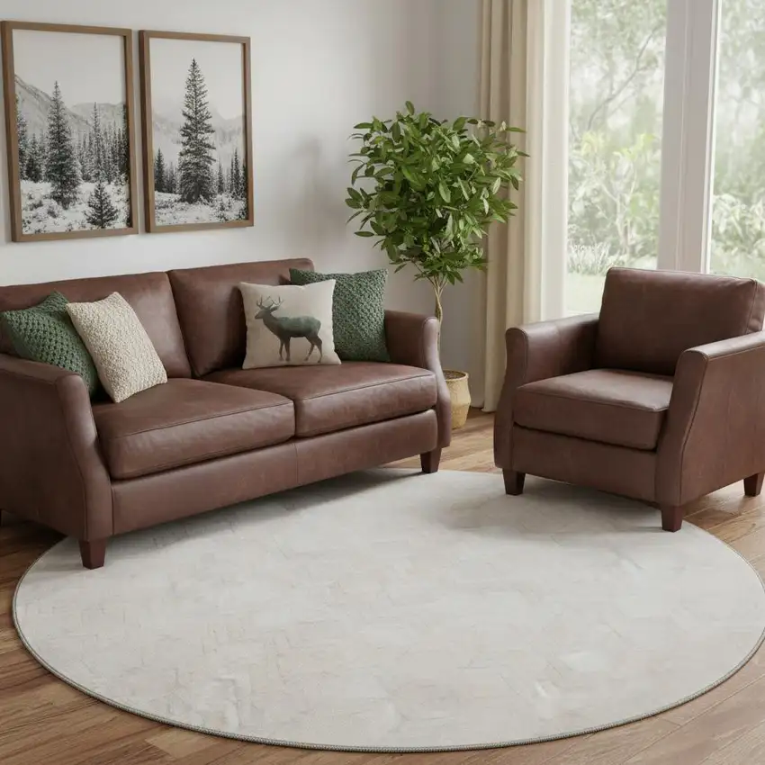 8' Ivory And Gray Geometric Washable Round Rug With UV Protection Photo 1