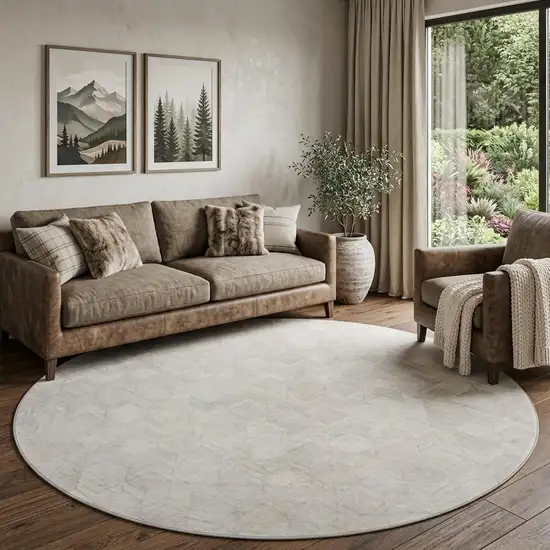 8' Ivory And Gray Geometric Washable Round Rug With UV Protection Photo 1
