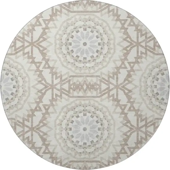 8' Ivory And Gray Geometric Washable Round Rug With UV Protection Photo 3