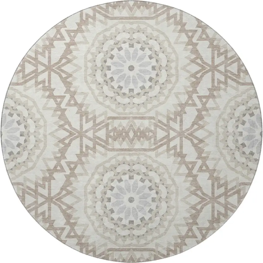 8' Ivory And Gray Geometric Washable Round Rug With UV Protection Photo 3