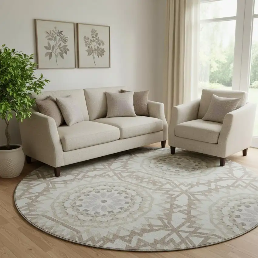 8' Ivory And Gray Geometric Washable Round Rug With UV Protection Photo 1