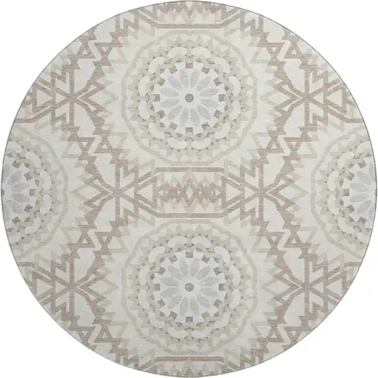 8' Ivory And Gray Geometric Washable Round Rug With UV Protection Photo 1