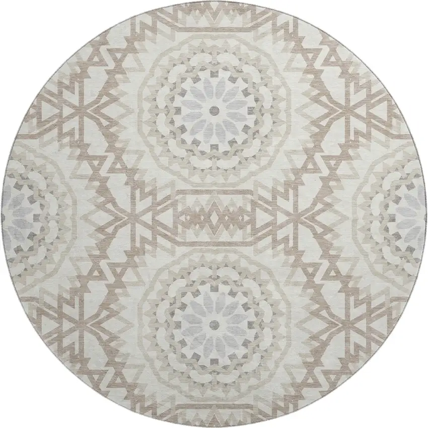 8' Ivory And Gray Geometric Washable Round Rug With UV Protection Photo 1