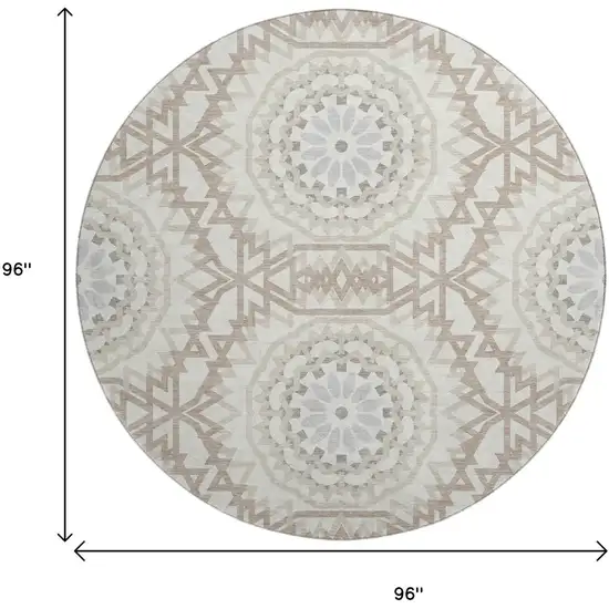8' Ivory And Gray Geometric Washable Round Rug With UV Protection Photo 9