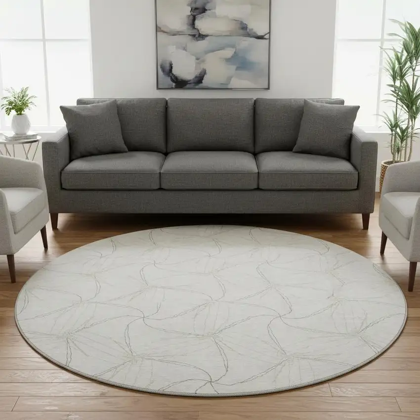 8' Ivory And Gray Geometric Washable Round Rug With UV Protection Photo 2