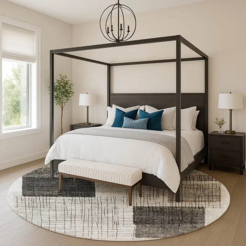 8' Ivory And Gray Geometric Washable Round Rug With UV Protection Photo 4