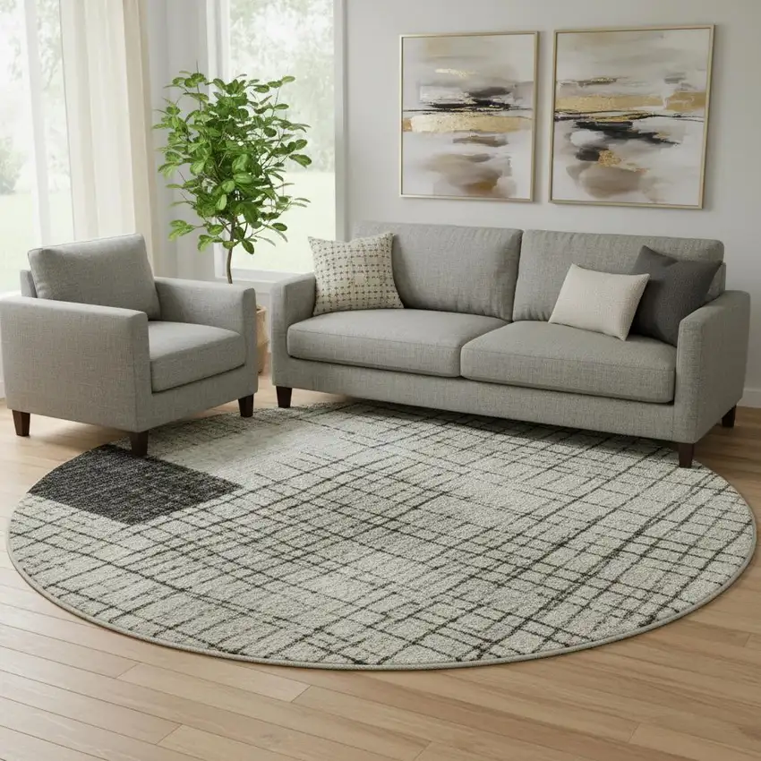 8' Ivory And Gray Geometric Washable Round Rug With UV Protection Photo 2