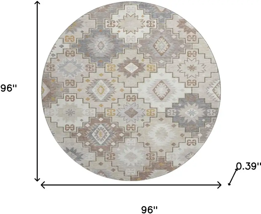 8' Ivory And Gray Geometric Washable Round Rug With UV Protection Photo 8