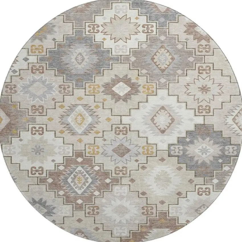 8' Ivory And Gray Geometric Washable Round Rug With UV Protection Photo 4