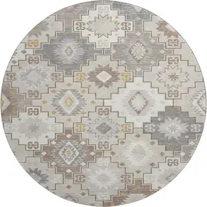 Photo of 8' Ivory And Gray Geometric Washable Round Rug With UV Protection