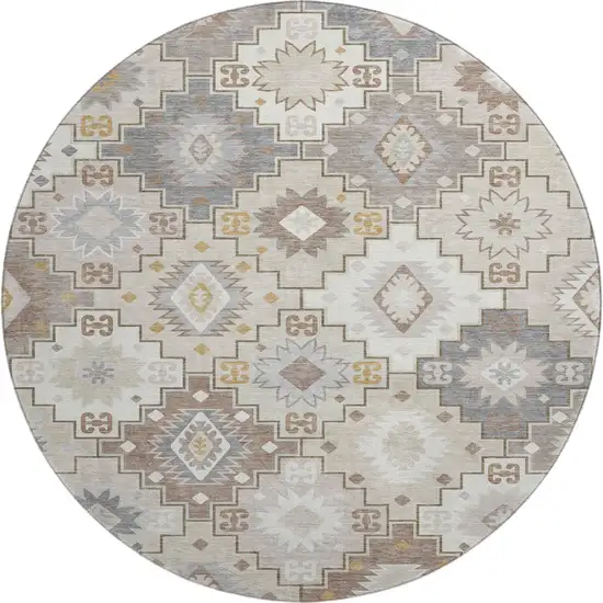 8' Ivory And Gray Geometric Washable Round Rug With UV Protection Photo 1