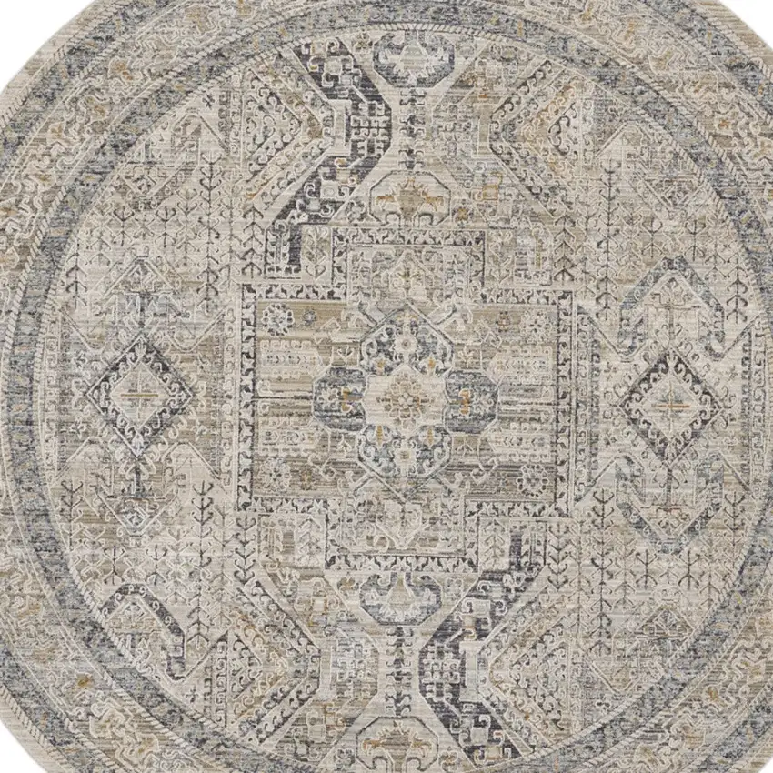 8' Ivory And Gray Medallion Distressed Round Rug With Fringe Photo 7