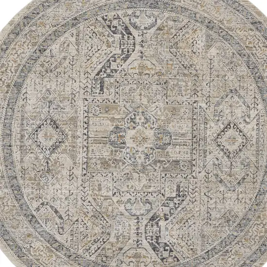 8' Ivory And Gray Medallion Distressed Round Rug With Fringe Photo 7