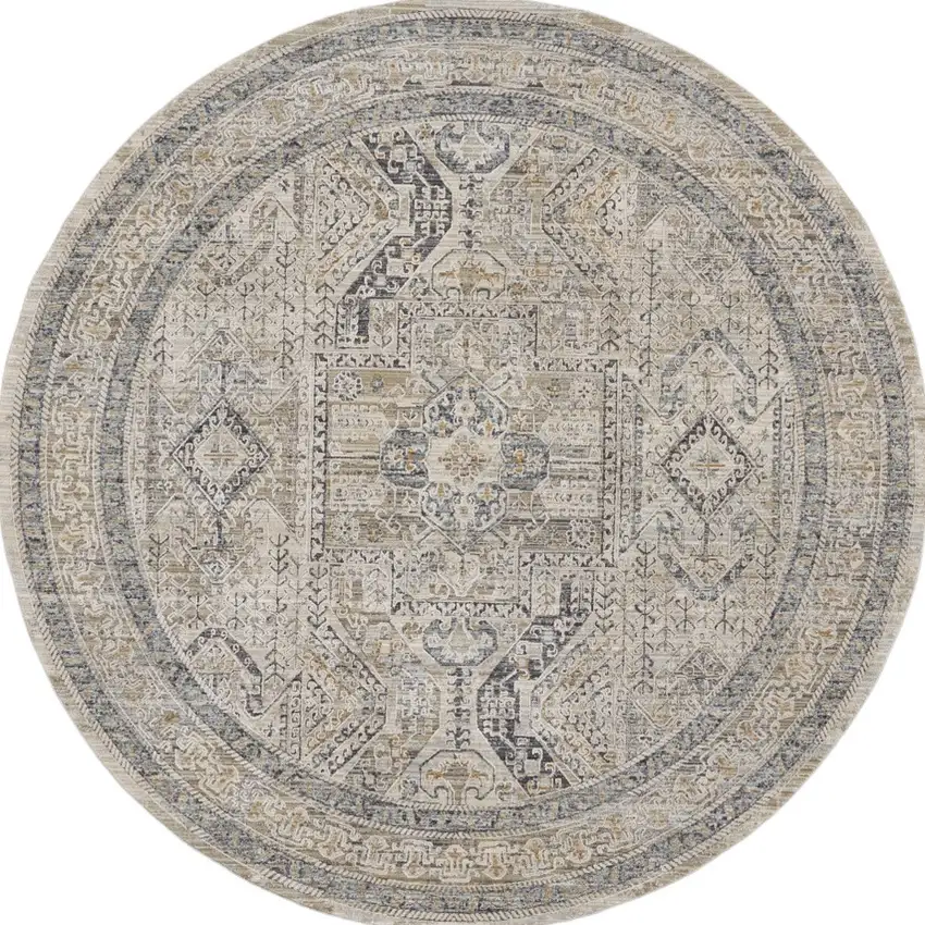 8' Ivory And Gray Medallion Distressed Round Rug With Fringe Photo 3