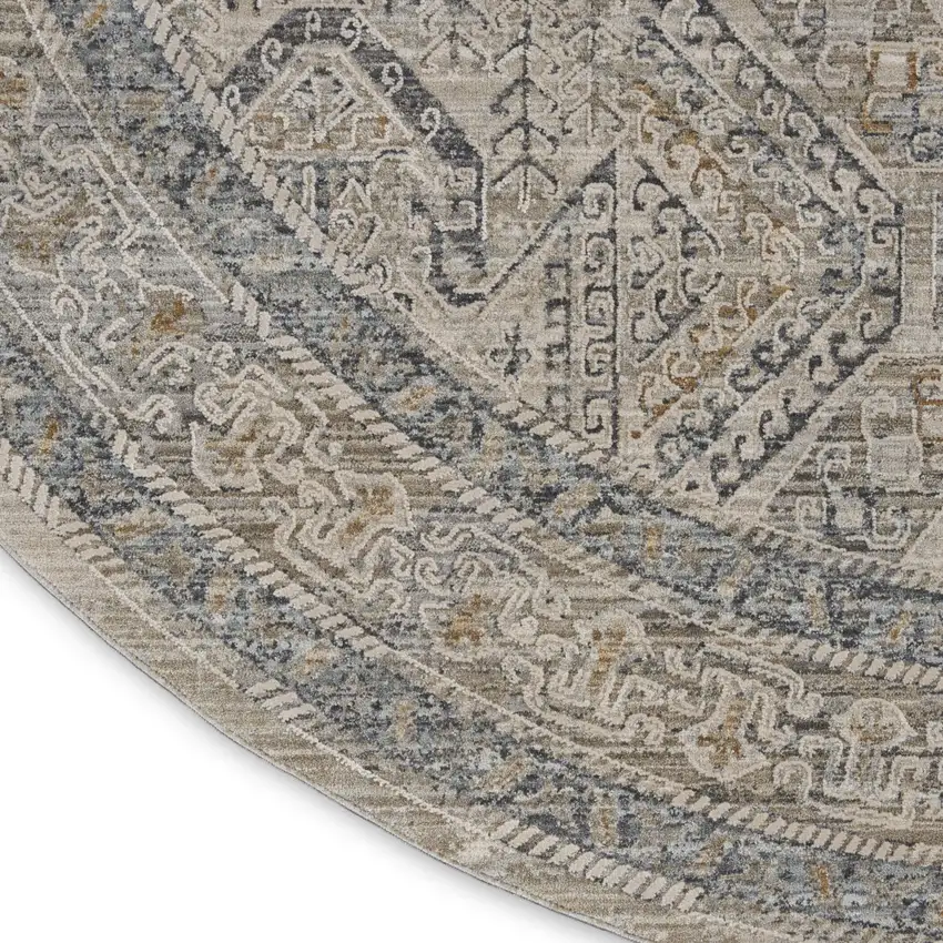 8' Ivory And Gray Medallion Distressed Round Rug With Fringe Photo 9