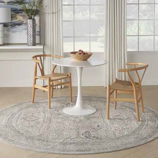 8' Ivory And Gray Medallion Distressed Round Rug With Fringe Photo 6