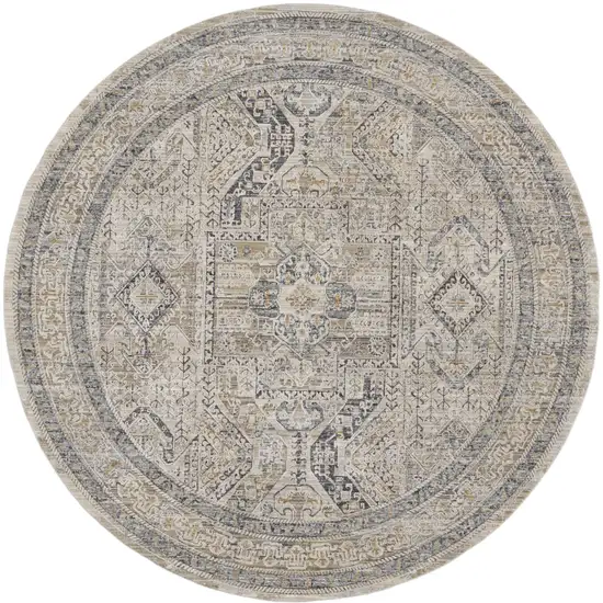 8' Ivory And Gray Medallion Distressed Round Rug With Fringe Photo 4