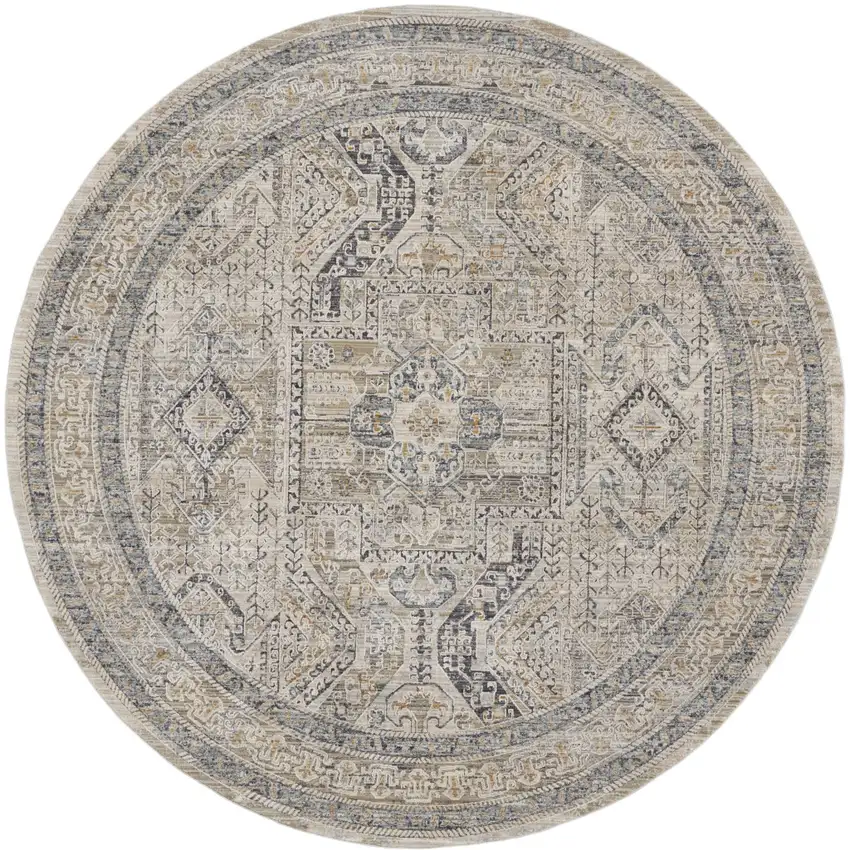 8' Ivory And Gray Medallion Distressed Round Rug With Fringe Photo 4