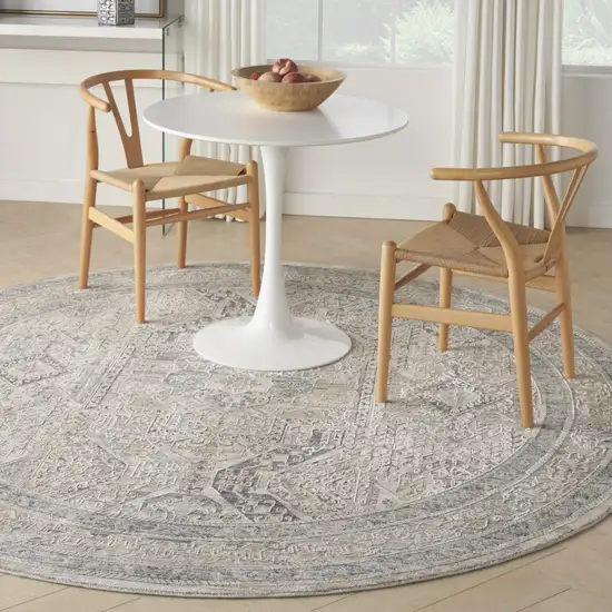 8' Ivory And Gray Medallion Distressed Round Rug With Fringe Photo 4