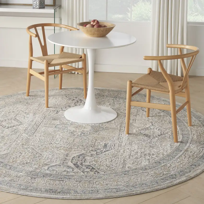 8' Ivory And Gray Medallion Distressed Round Rug With Fringe Photo 4