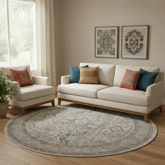 8' Ivory And Gray Medallion Distressed Round Rug With Fringe Photo 1