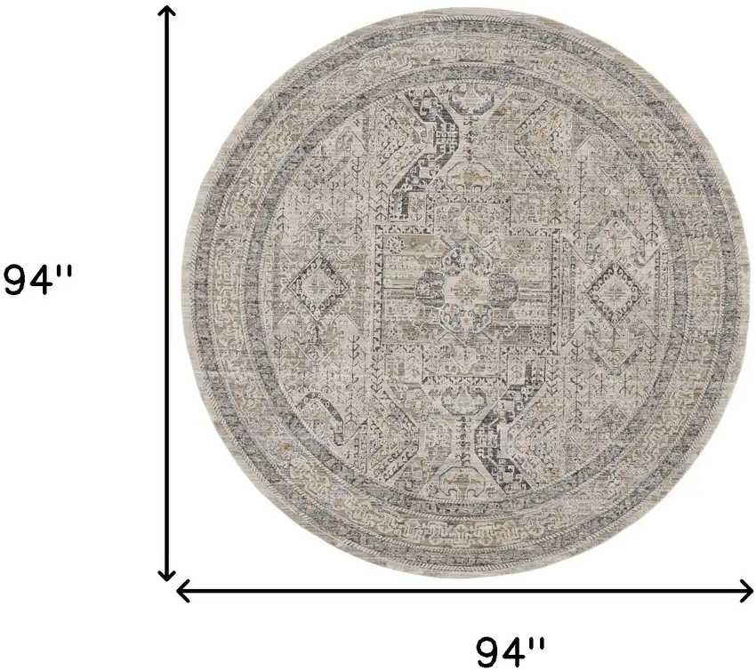 8' Ivory And Gray Medallion Distressed Round Rug With Fringe Photo 3