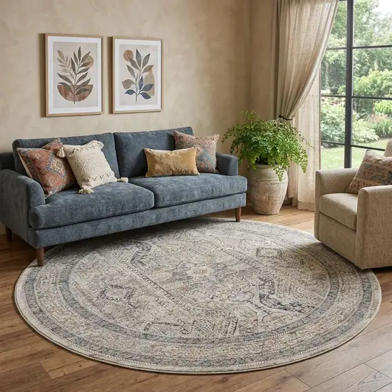 8' Ivory And Gray Medallion Distressed Round Rug With Fringe Photo 1