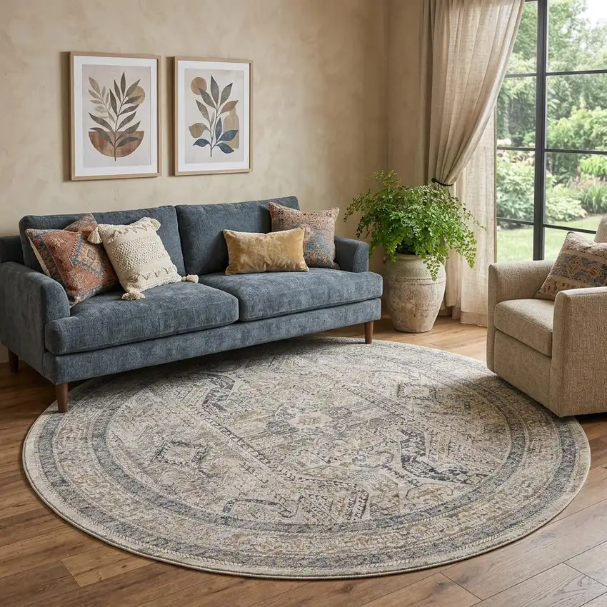 8' Ivory And Gray Medallion Distressed Round Rug With Fringe Photo 1