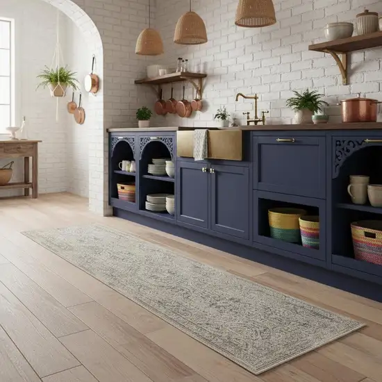 8' Ivory And Gray Medallion Distressed Runner Rug With Fringe Photo 1