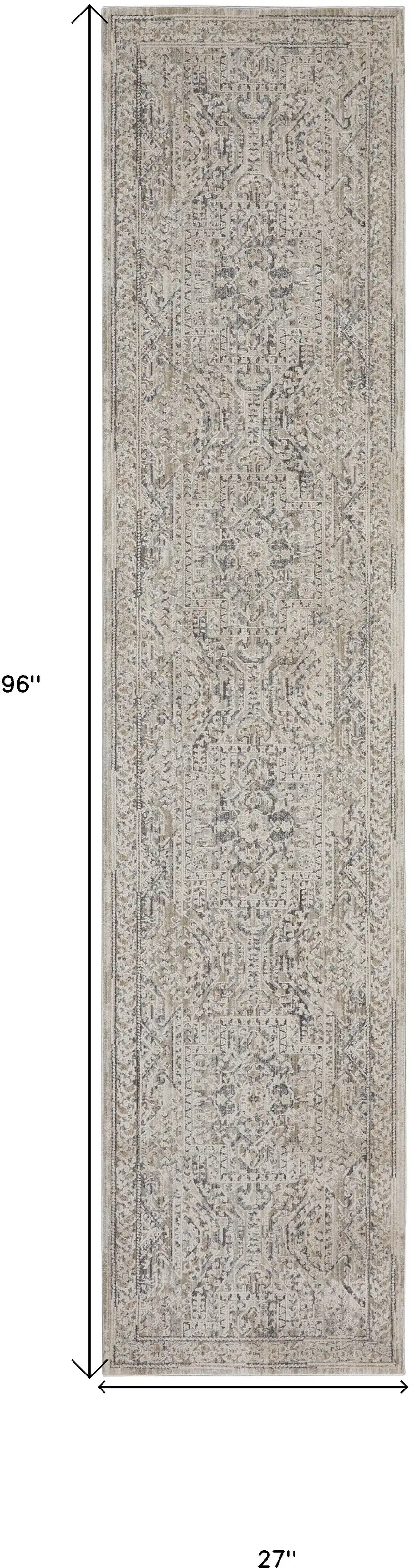 8' Ivory And Gray Medallion Distressed Runner Rug With Fringe Photo 5
