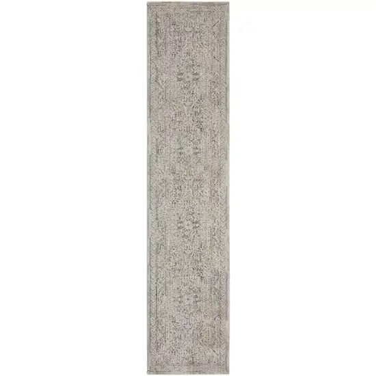 8' Ivory And Gray Medallion Distressed Runner Rug With Fringe Photo 2