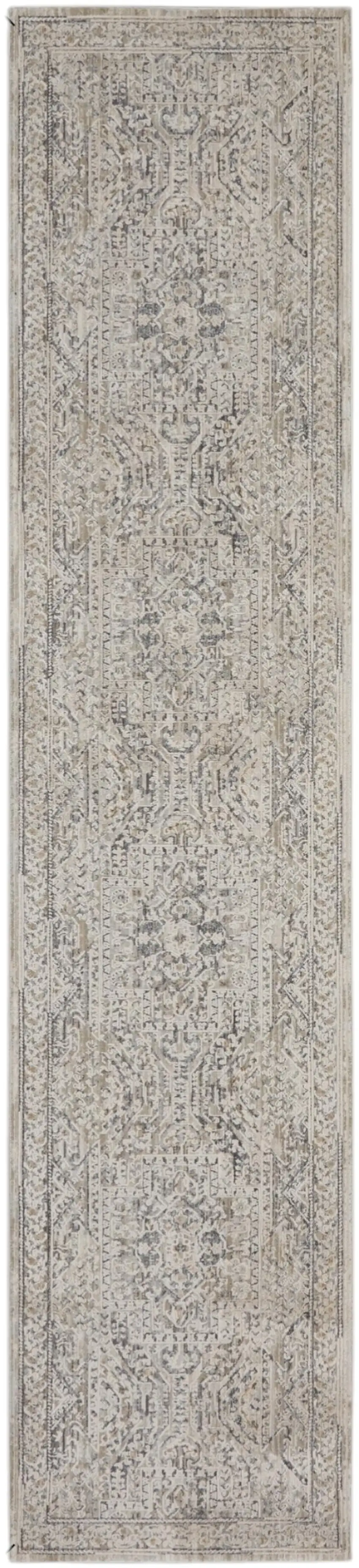 8' Ivory And Gray Medallion Distressed Runner Rug With Fringe Photo 2