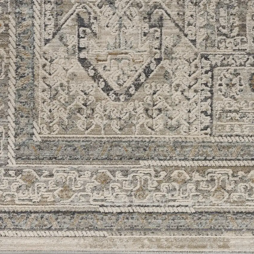 10' Ivory And Gray Medallion Distressed Runner Rug With Fringe Photo 4