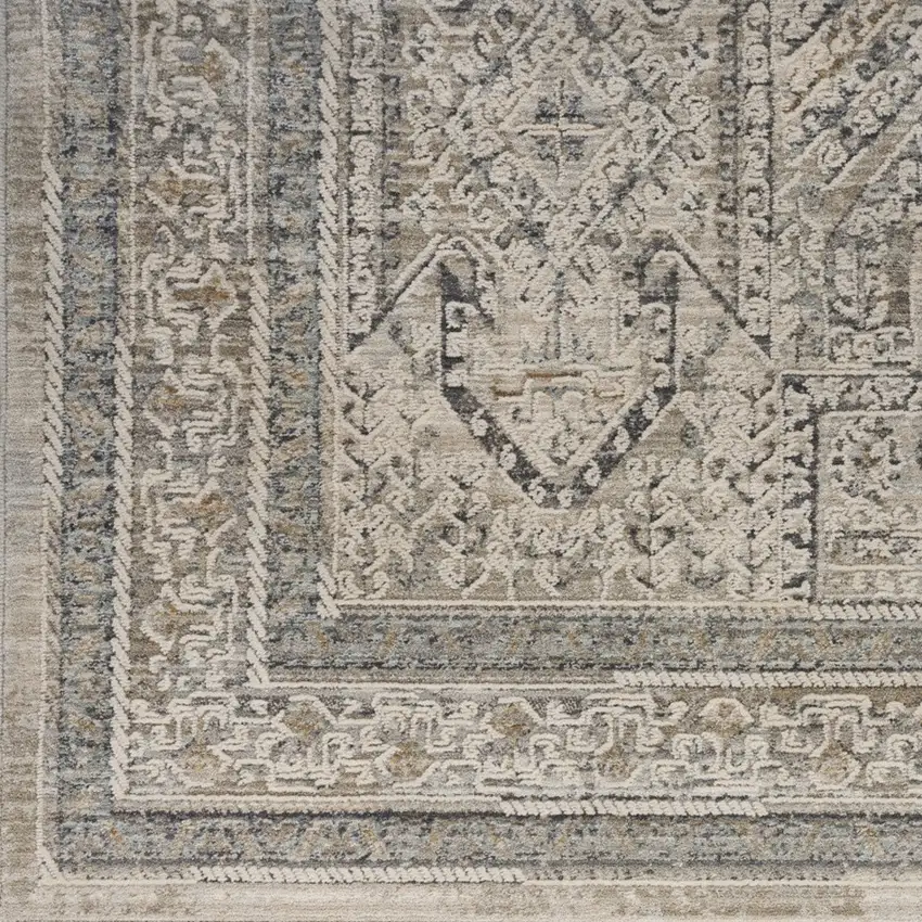 10' Ivory And Gray Medallion Distressed Runner Rug With Fringe Photo 8