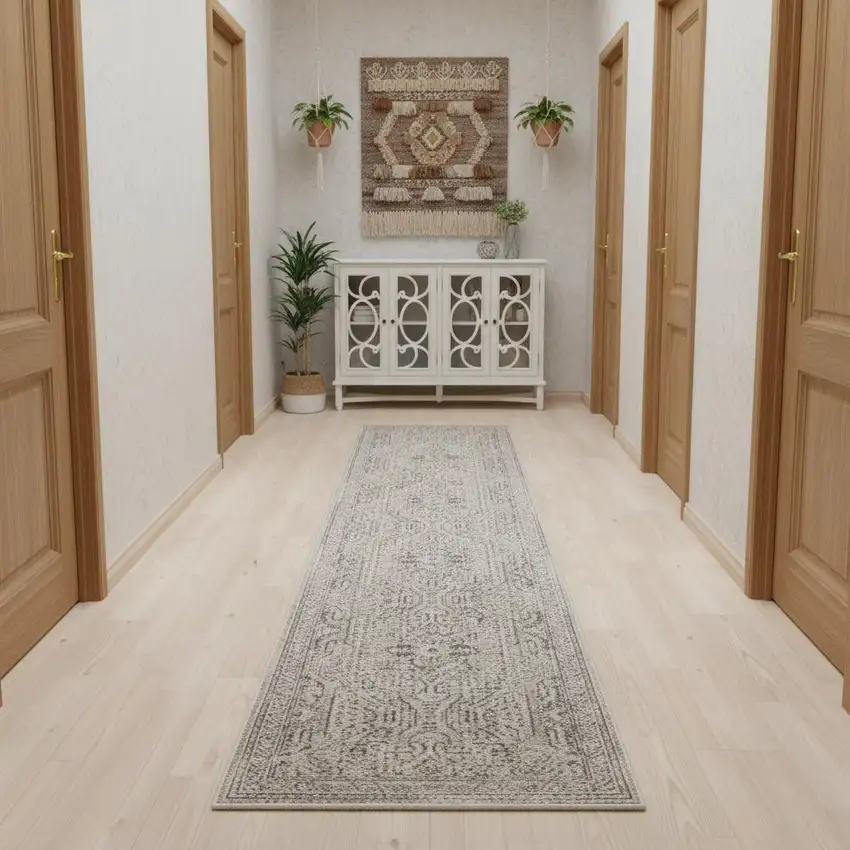 10' Ivory And Gray Medallion Distressed Runner Rug With Fringe Photo 1