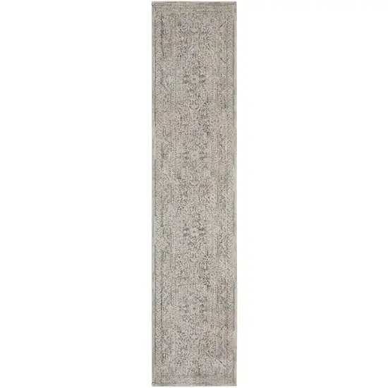 10' Ivory And Gray Medallion Distressed Runner Rug With Fringe Photo 2