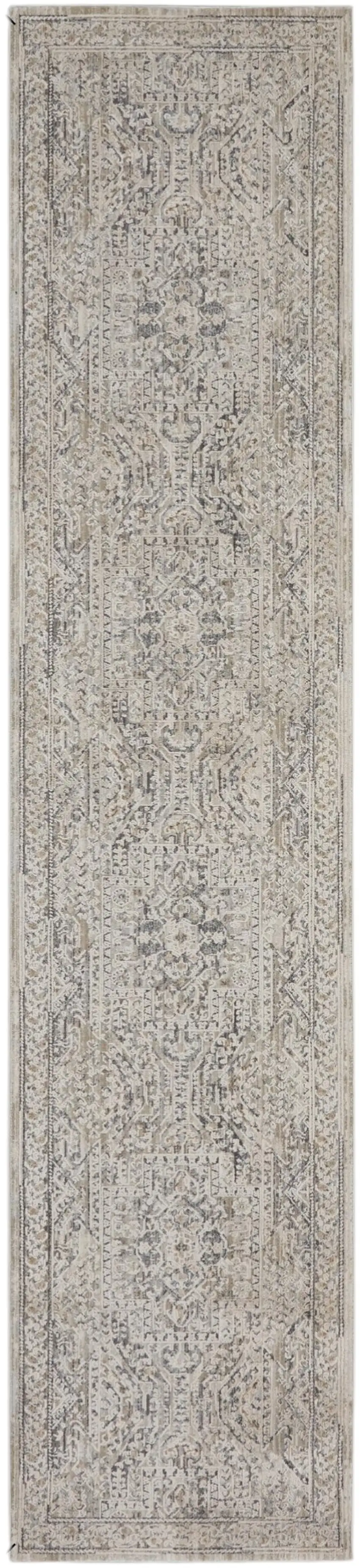 10' Ivory And Gray Medallion Distressed Runner Rug With Fringe Photo 2