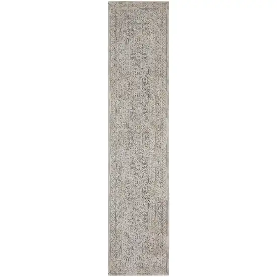12' Ivory And Gray Medallion Distressed Runner Rug With Fringe Photo 2