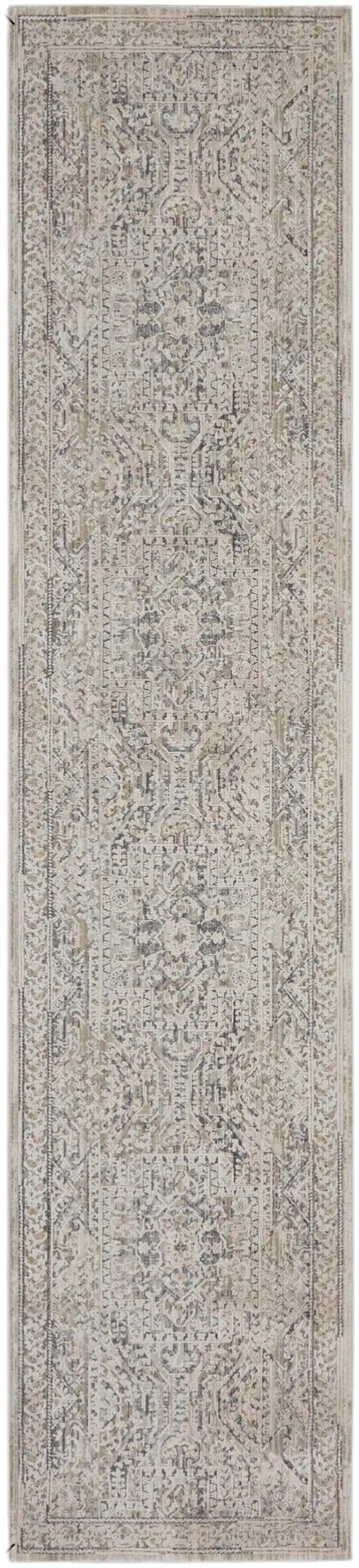 12' Ivory And Gray Medallion Distressed Runner Rug With Fringe Photo 2