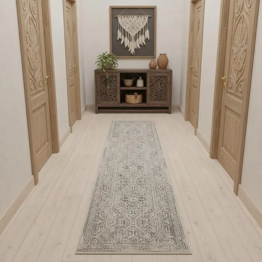 12' Ivory And Gray Medallion Distressed Runner Rug With Fringe Photo 1