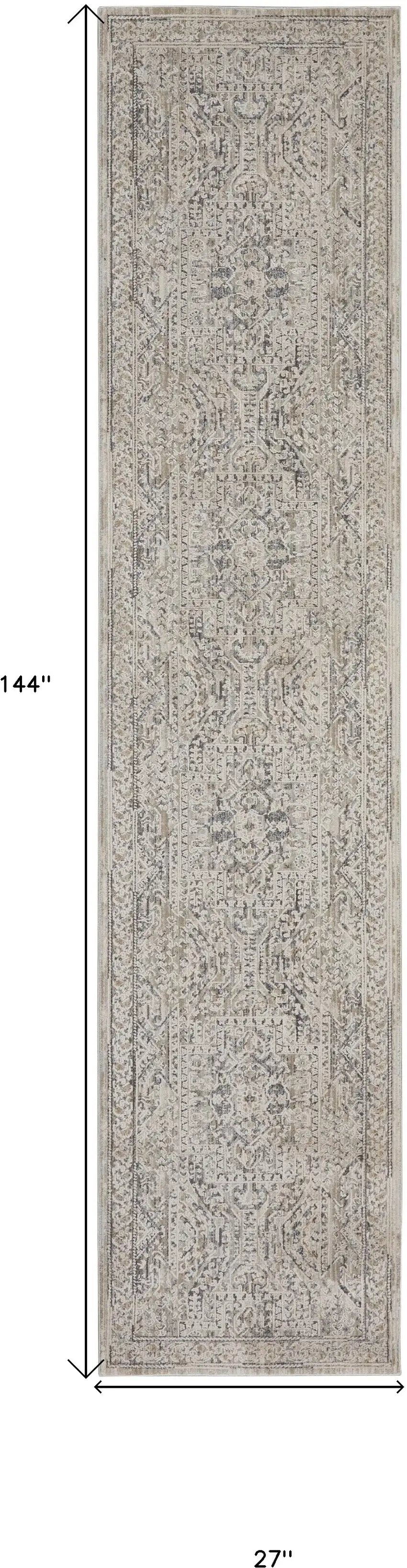 12' Ivory And Gray Medallion Distressed Runner Rug With Fringe Photo 3