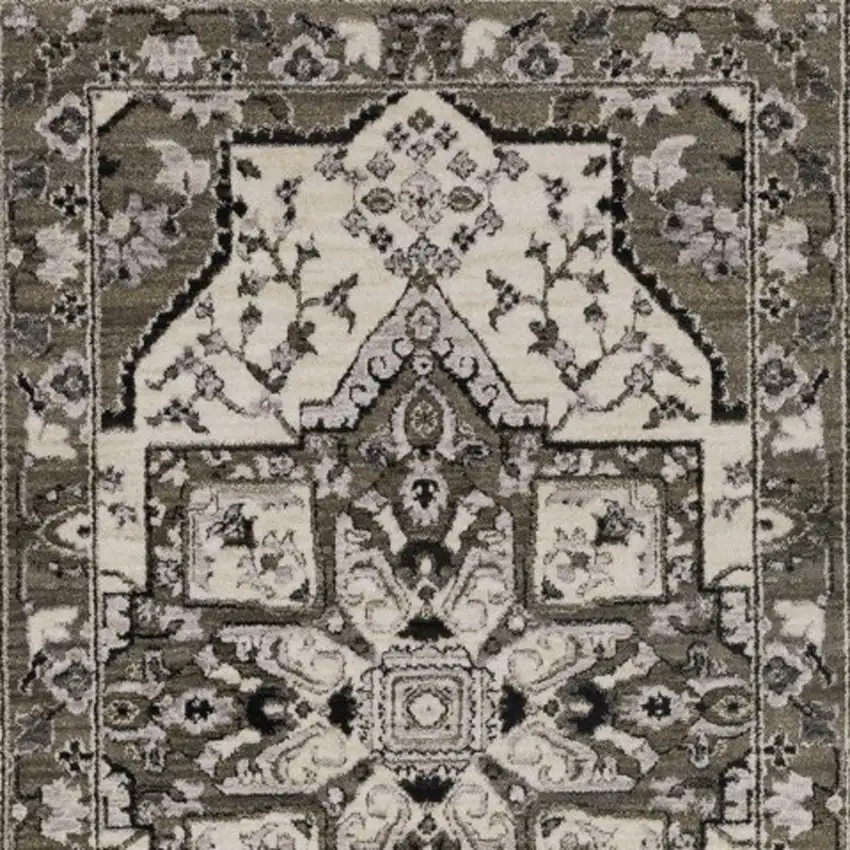 8' Ivory And Gray Medallion Runner Rug With Fringe Photo 8