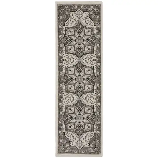8' Ivory And Gray Medallion Runner Rug With Fringe Photo 2
