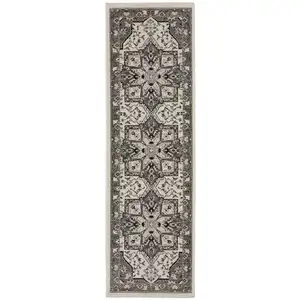 Photo of 8' Ivory And Gray Medallion Runner Rug With Fringe