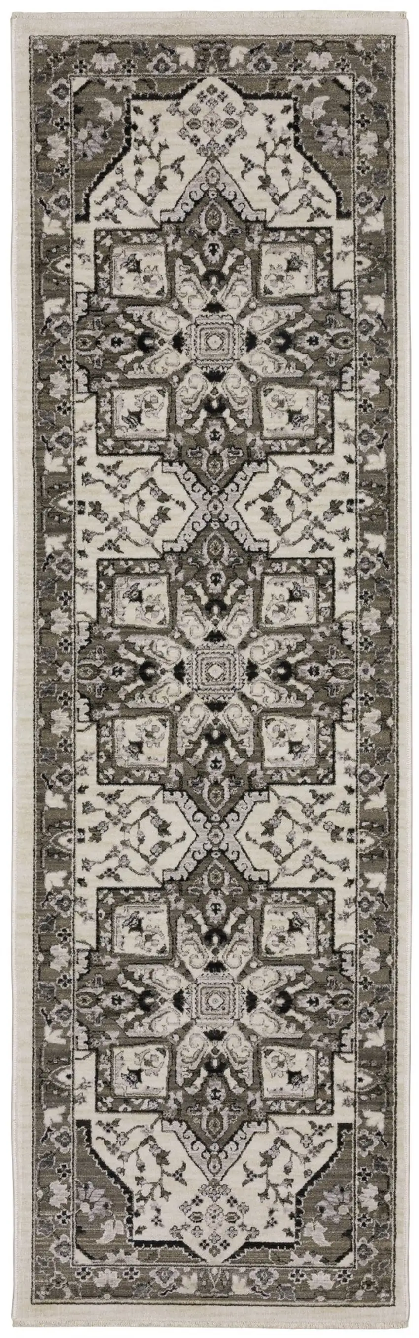 8' Ivory And Gray Medallion Runner Rug With Fringe Photo 2
